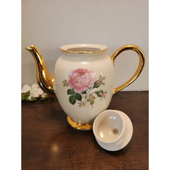 Vintage Kingwood China USA Rose Floral Coffee Teapot & Lid With Gold Trim 7" - Picture 3 of 8